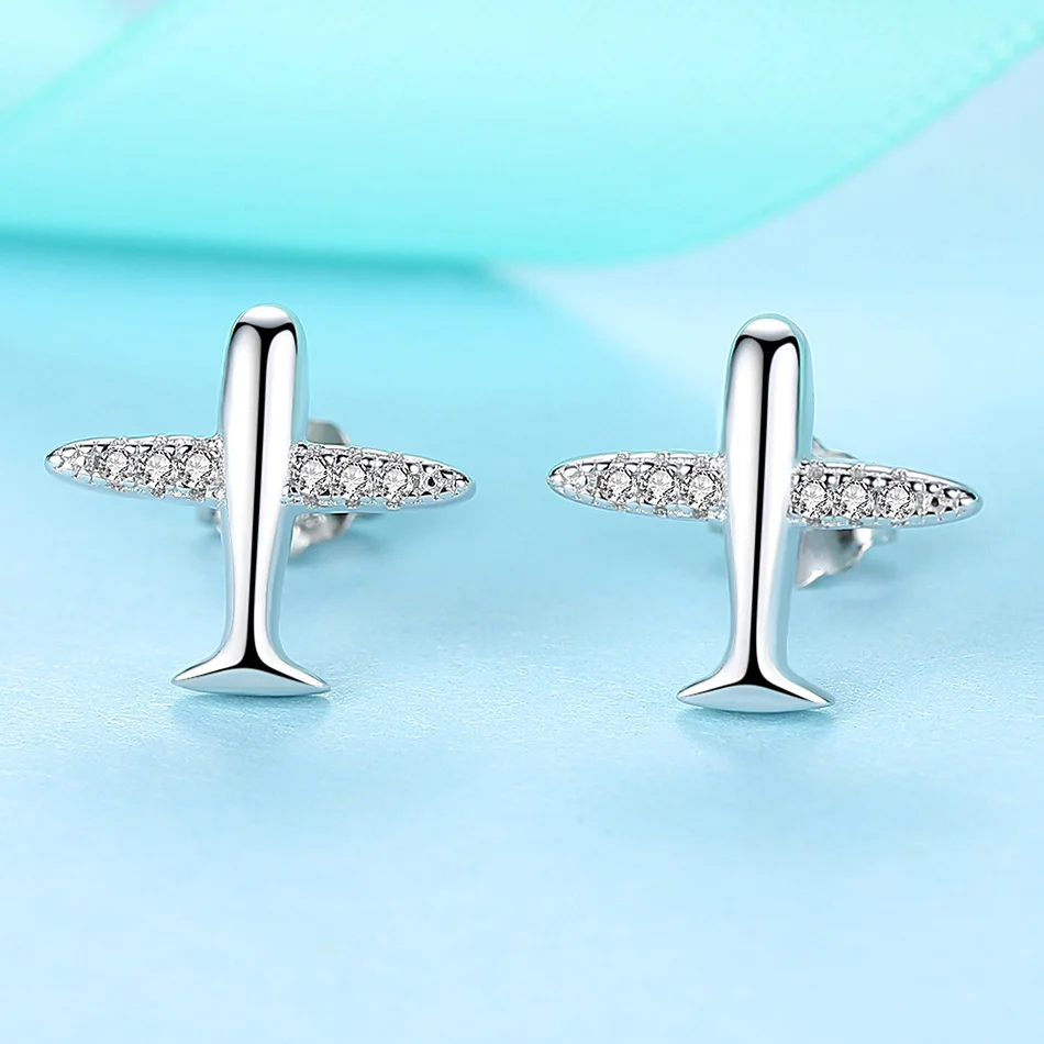 ELESHE 2018 Fashion 925 Silver Aircraft Airplane Women Stud Earring with AAA Crystal Zircon Earrings Sterling Silver Jewelry