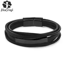 Jiayiqi nova moda multicamadas pulseira de couro para homens jóias punk aço inoxidável pulseira fivela magnética preto cor ouro
