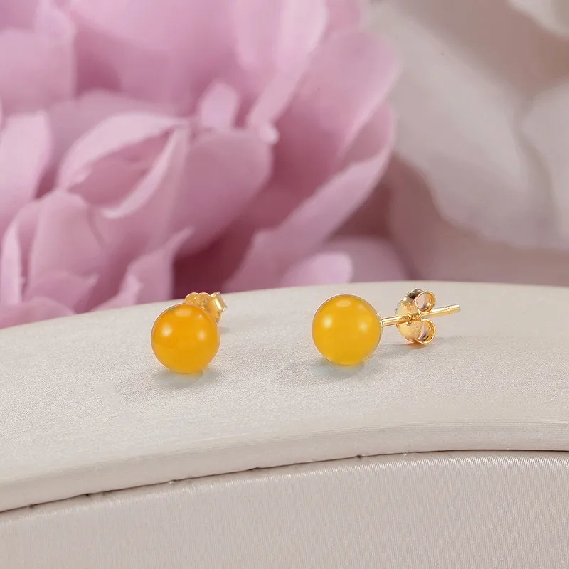 

Natural Chalcedony Stud Earrings For Women 6mm Fine Jewelry S925 Sterling Silver Yellow Round Small Brincos Bridal Wedding Arete