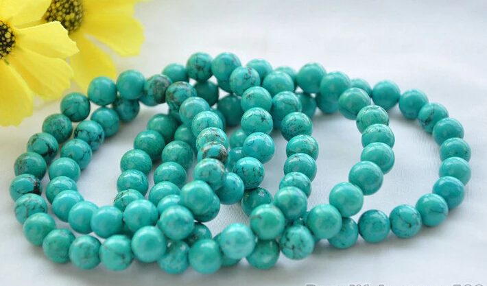 

000200 5pcs Stretch green round turquoise bead bracelet 8inch