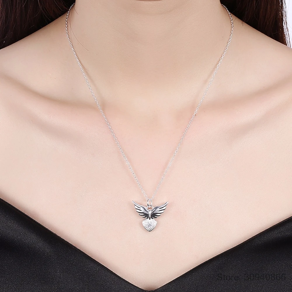 LEKANI New Arrival Fashion Angel Wings Love Heart Shape 925 Sterling Silver Pendant Necklace Fine Jewelry Gift For Women