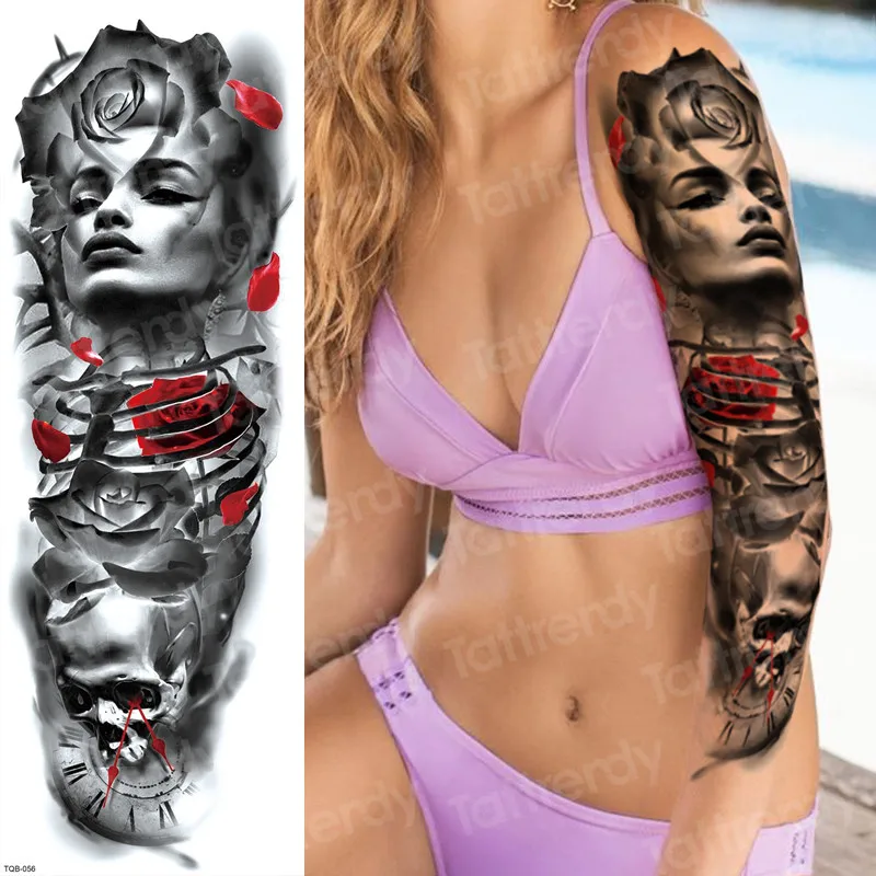 Временная татуировка наклейка Роза смерти переводная вода тату-рукава Девушки Женщины тату& тело искусство супер большая Татуировка мужчины