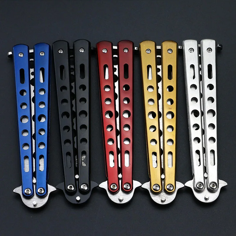 Negro de plata de acero inoxidable práctica mariposa en cuchillo Formación Cuchillo plegable herramienta al aire libre Camping cuchillo de auto-defensa cuchillo