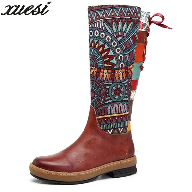 

Vintage Mid-calf Boots Women Shoes Bohemian Retro Genuine Leather Motorcycle Boots Printed Side Zipper Back Lace Up Botas Tenis