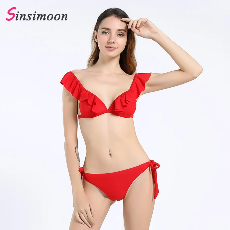 

Boho floral warp chest bow lace up bikini Sexy hollow out backless swimming suit beach biquini