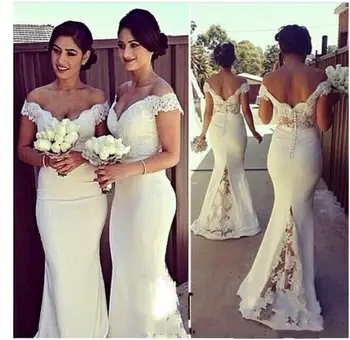 

Elegant Long Formal Dresses for Women Lace Off Shoulder Mermaid Sweep Train Bridesmaid Dresses Covered Button Back
