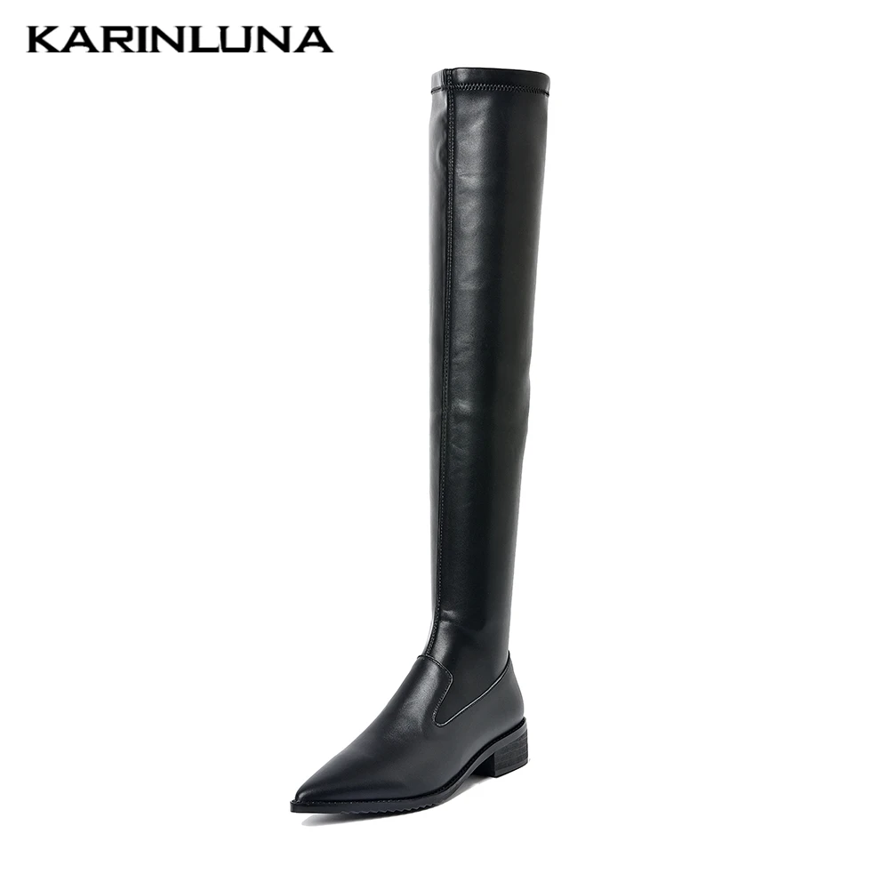 

brand design genuine cow leather chunky heels autumn winter stretch boots woman shoes pointed toe over the knee boots