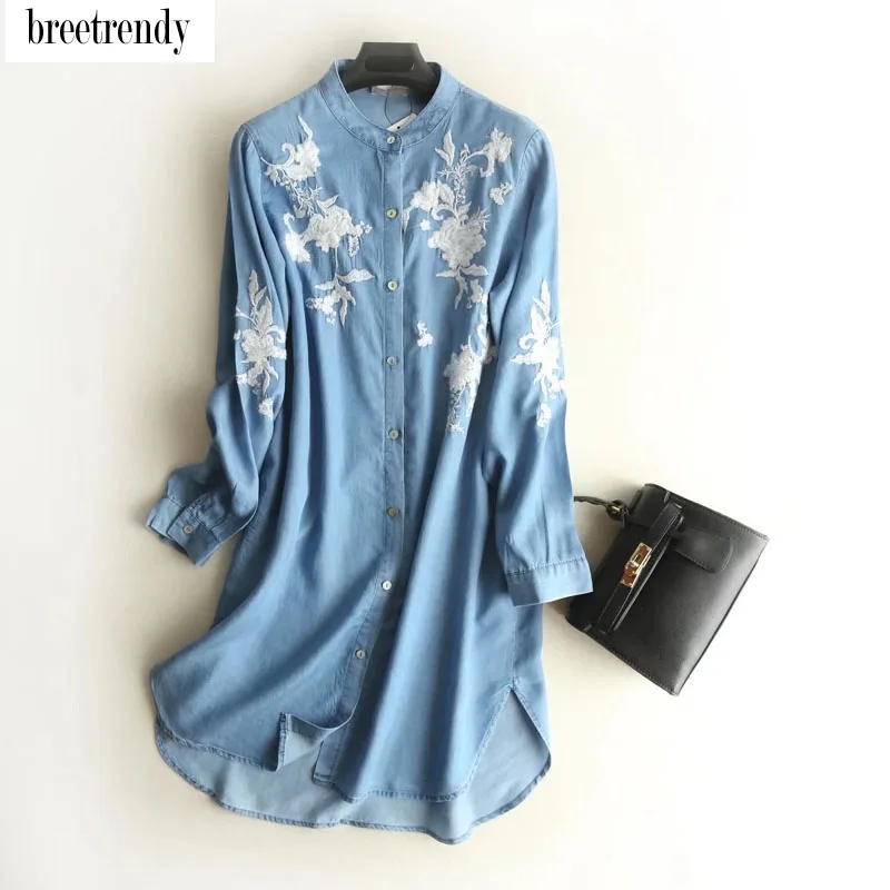 

CS1679 women floral embroidery stand collar long design soft jeans shirt female match all tencel denim blouse blouses tops