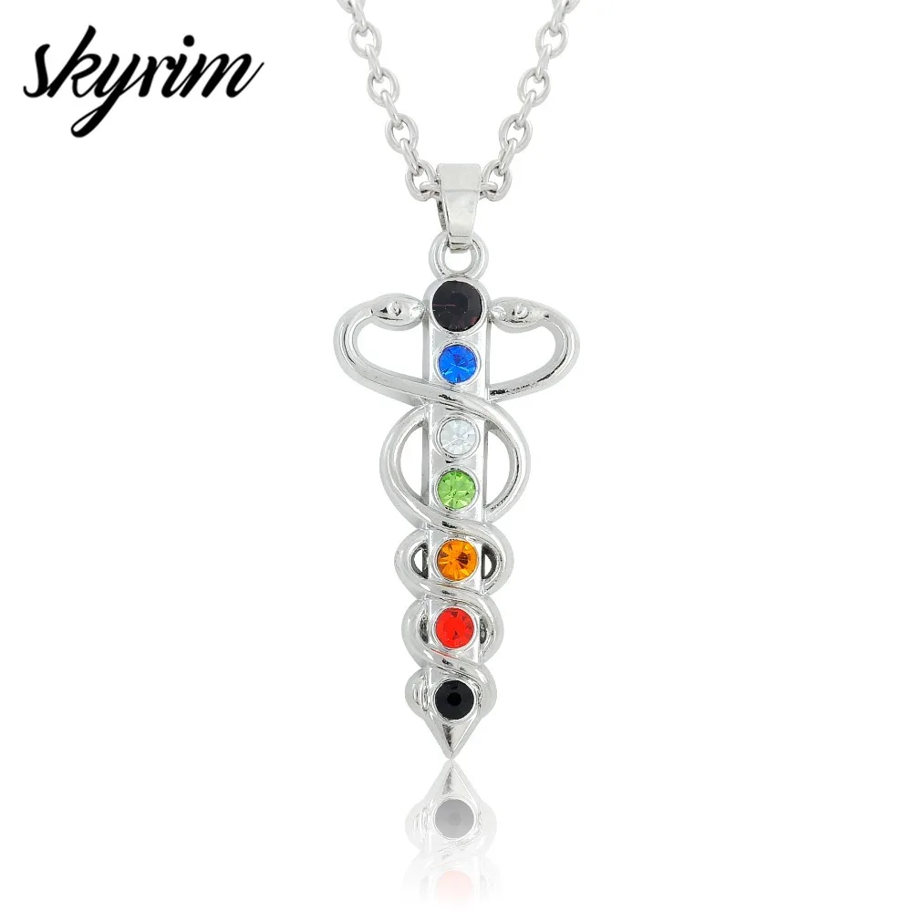 

Skyrim Rhinestone Necklace Chakra Caduceus Medical Pagan Health Symbol Om Yoga Colorful Crystal Charm Link Chain Necklace