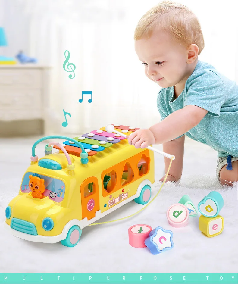 New Arrival 3 In 1 Toy Bus With Doors That Open Educational Set With Slide Out Xylophone And Shape Matching Blocks For Kids Baby