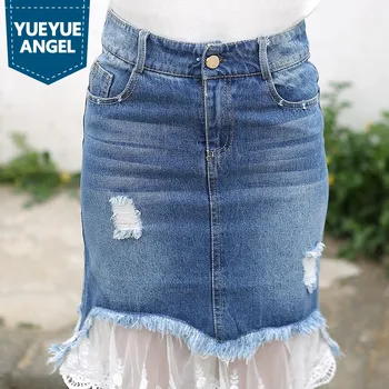 

Spring Summer New Fashion Woman Denim Skirts Knee-Length Jeans Skirt Distressed Pencil High Waist Streetwear Women Faldas