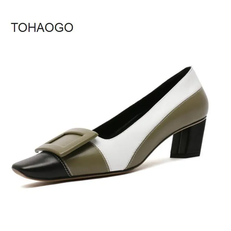 

Genuine leather high heel women's shoes Square head color matching Crude heel shoe simple mid heel Work shoes Female heels obuv