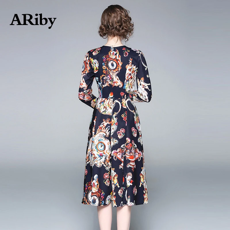 Women Dress Elegant Party Dress 2019 Spring/Summer New Fashion Round Collar Long-sleeved Vintage Printed A-Line Dress Plus Size Women Dress Elegant Party Dress 2019 Spring/Summer New Fashion Round Collar Long-sleeved Vintage Printed A-Line Dress Plus Size