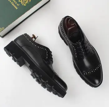 

Summer Dress Shoes Men Lace Up Genuine Leather Smart Casual Shoes Platform Rivets Height Increasing Shoes Black Carved Brogue