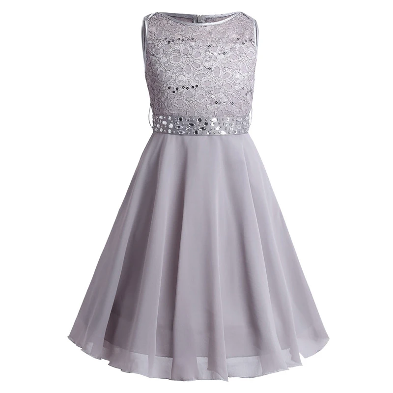 Детское летнее шифоновое платье с цветочным кружевом и блестками для девочек на свадьбу, вечеринку, день рождения - Цвет: Gray