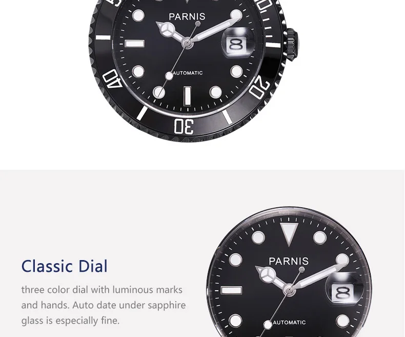 40 мм Parnis автоматические мужские часы Diver водонепроницаемые механические часы мужские с черным резиновым ремешком керамический ободок 10ATM Siwm