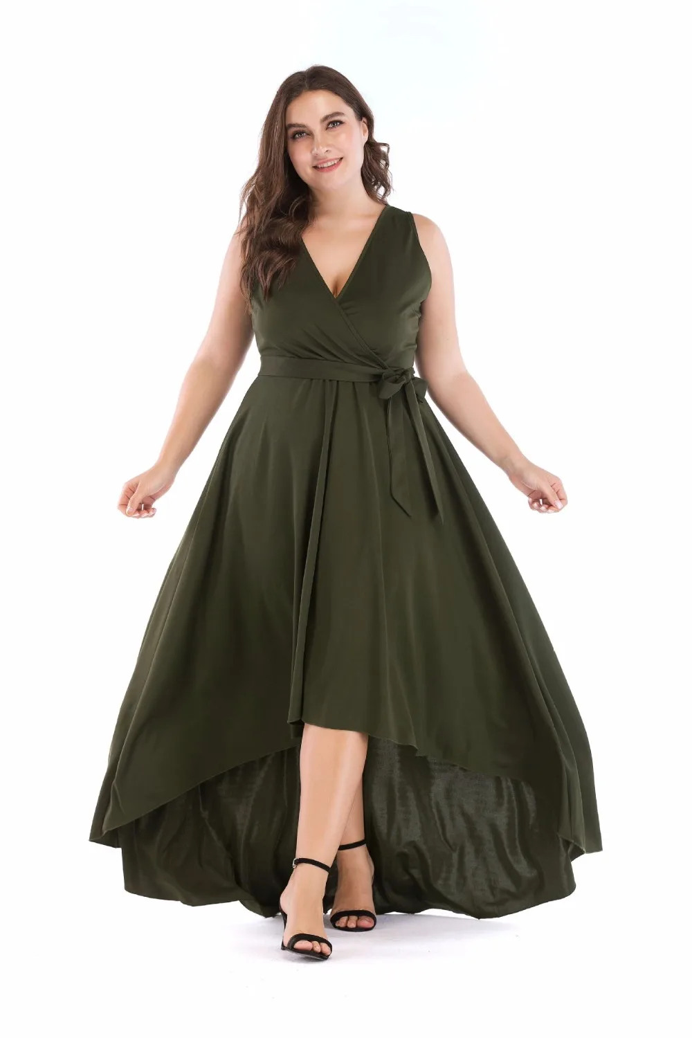 Large Size Party Deep V Neck Sleeveless Maxi Dress Amy Green Lady Evening Swing Asymmetrical Hem High Low Cami 5XL | Женская одежда