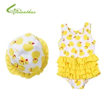 Летний милый цельный купальный костюм для маленьких девочек, модный купальный костюм, комплект одежды с шапочкой, подходит для детей от 0 до 2 лет