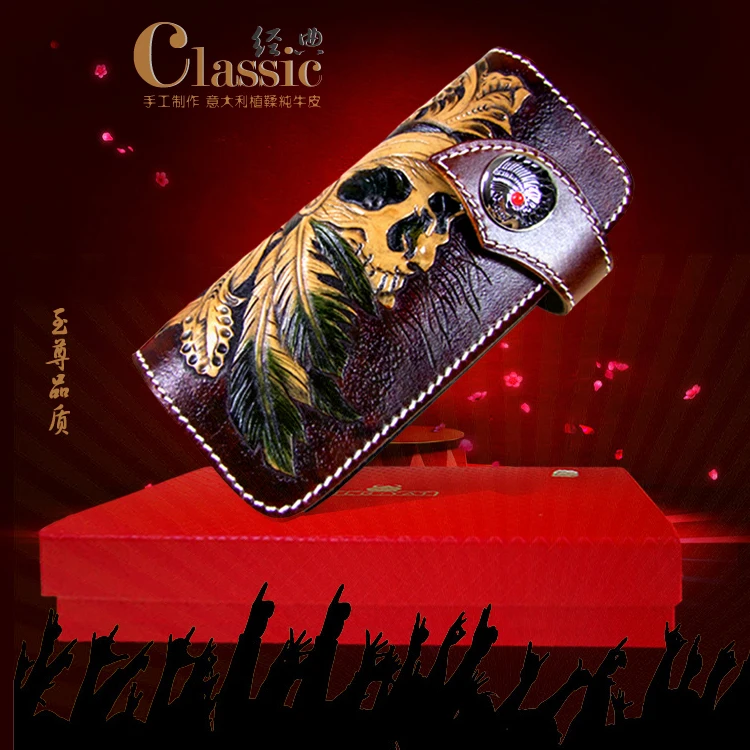 

OLG.YAT handmade Skull wallet men purse Vegetable tanned leather wallets mens handbag long hasp bags Retro Choi cloth pure