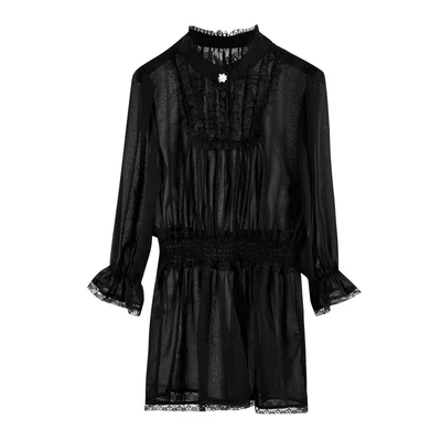 Цветной подиумный дизайнерский шикарный женский топ, весна, черная сексуальная перспективная кружевная блузка, элегантная плиссированная шифоновая блузка