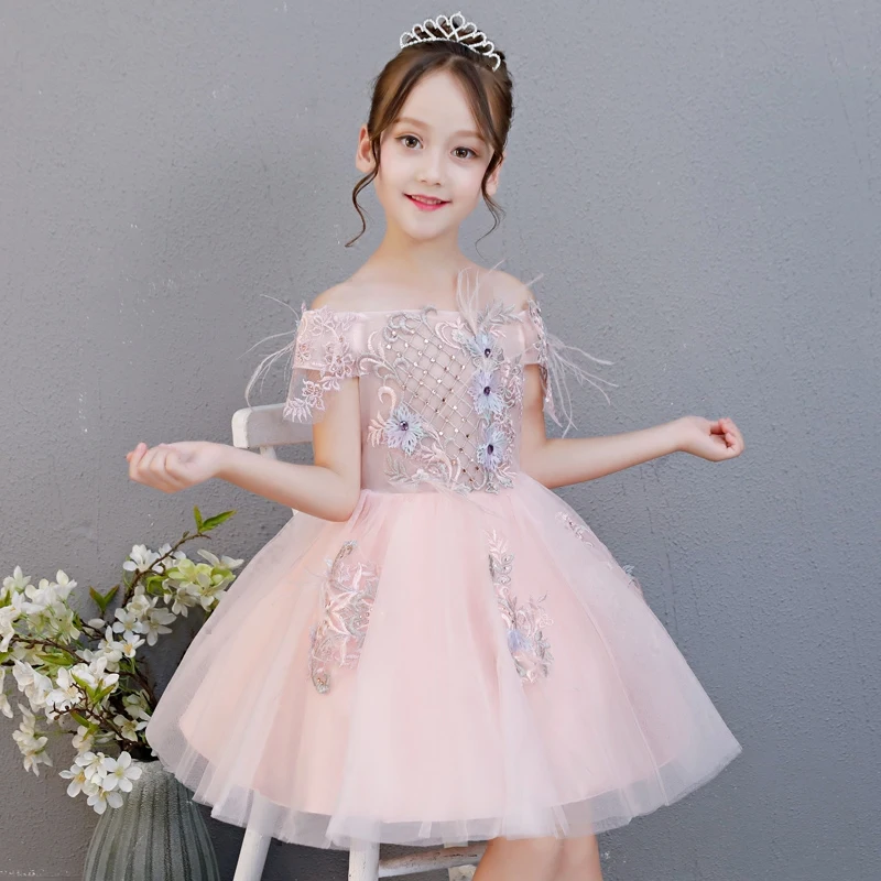 2019 New Children Girls Elegant Pink Color Princess Shoulderless Flower ...