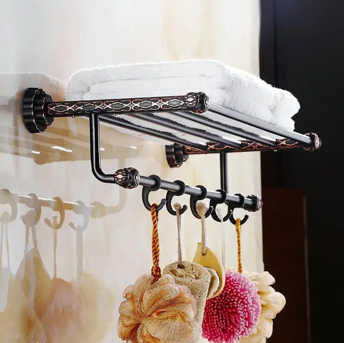 Solid Brass Vintage Style Bathroom Towel Rack black Bronze Towel Shelf Holder Carved Pattern