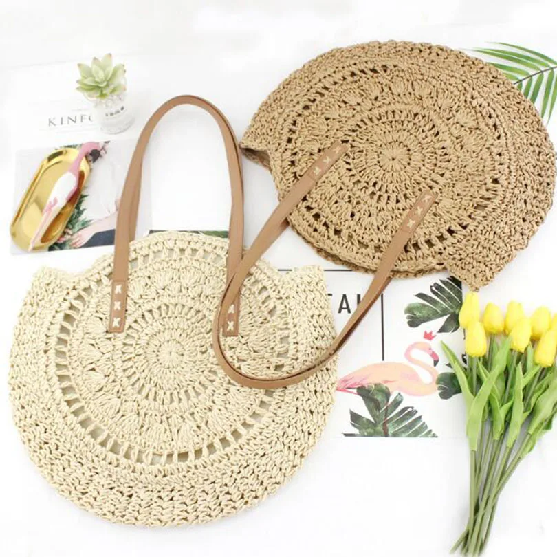 

Hand-woven Round Ratton Woman's Shoulder Bag Handbag Bohemian Summer Straw Beach Bag Travel Shopping Female Tote Wicker Bags