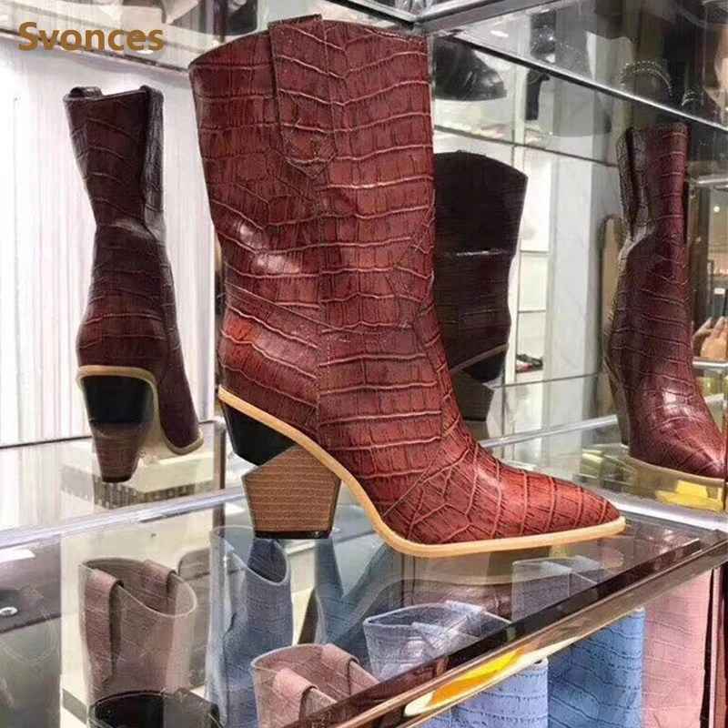 

Genuine Leather Women Boots Strange Heel Leading Shoes Woman Runway Western Boots Cowboy Boot For Women Chunky Wedge Ankle Boots