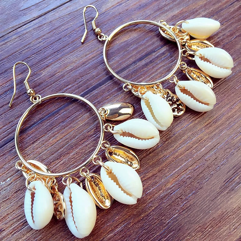 

Fashion Women Bohemian Style Cowary Shell Big Circle Drop Earrings High Quality Man-made Ivory Shell Dangle Earrings