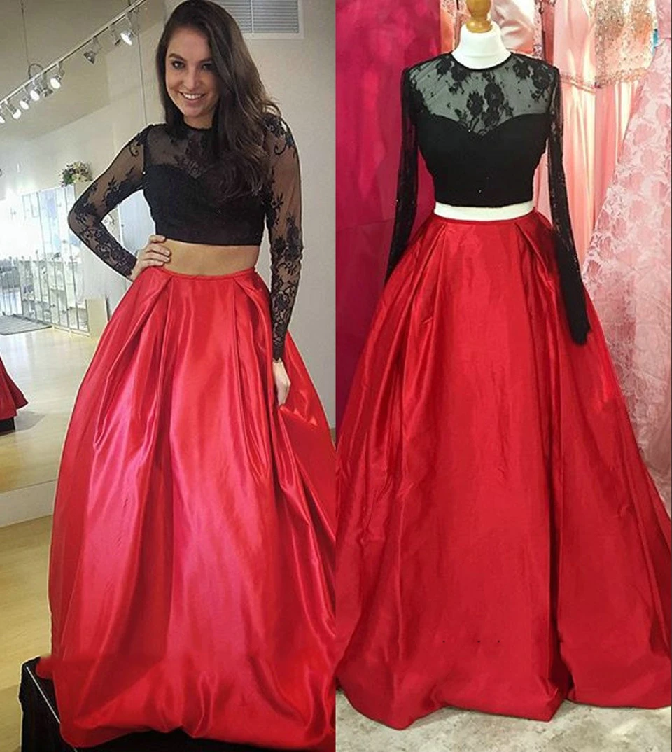 Unik Lace Dua Piece Ball Gown Prom Dresses Gadis Satin Hitam Red Prom Dress Lengan Panjang Prom Gowns Untuk Partai Dresses RT6 Unik Lace Dua Piece Ball Gown Prom Dresses Gadis Satin Hitam Red Prom Dress Lengan Panjang Prom Gowns Untuk Partai Dresses RT6