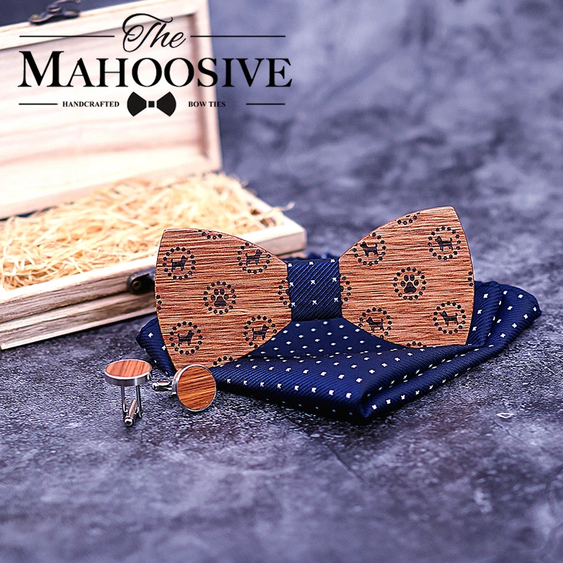  Wood bow tie Solid Business bowtie men vintage Dog Printed wood bow tie pocket square handkerchief 