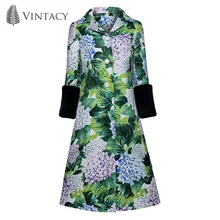 Vintacy, Женское пальто, Осеннее, шерстяное пальто, зеленое, с цветочным принтом, верхняя одежда, с зубчатым отворотом,, топ, модное зимнее пальто для женщин