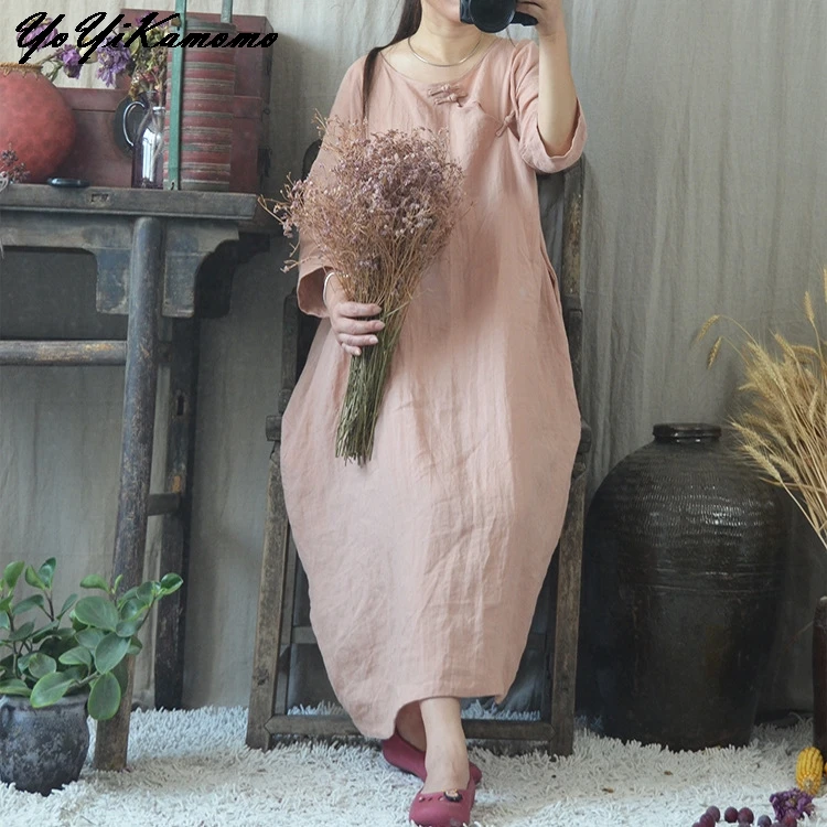 

YoYiKamomo 2018 women cotton linen dress big size New original thin three quarter sleeve national loose summer robe women