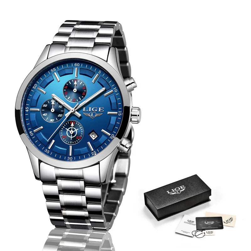 Relojes Hombre LIGE мужские часы Топ бренд класса люкс бизнес синий циферблат полностью стальные водонепроницаемые новые часы мужские спортивные кварцевые часы - Цвет: silver blue
