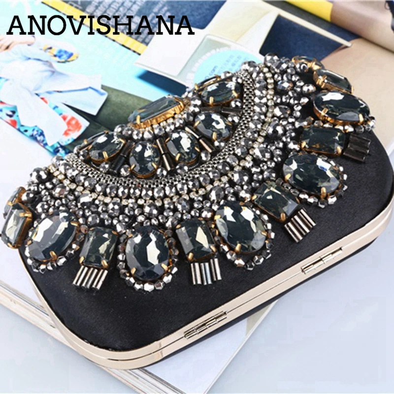 

ANOVISHANA Ladies Handbag Retro New Handmade Beaded Bag for Women Embroidery Crystal Evening Purse with Gold Chain Female Bag