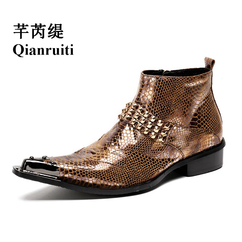 Мужские ботильоны из кожи аллигатора; chaussure homme; мужские короткие сапоги с серебряными цепочками и металлическим носко - Цвет: Золотой