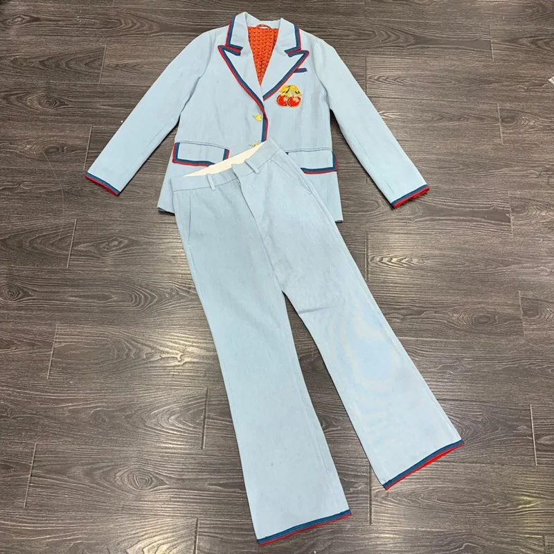 2019 fall OL women high quality denim pants set cherry embroidery single breasted silk lining blazer + pant clothing set y348 2019 fall OL women high quality denim pants set cherry embroidery single breasted silk lining blazer + pant clothing set y348