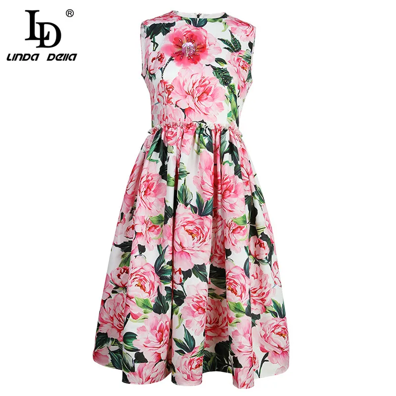 Женские платья без рукавов LD LINDA DELLA, летнее платье без рукавов, белое платье с цветочным принтом, повседневное платье с розовым цветком, вечернее платье
