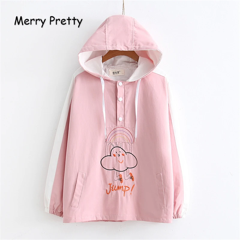 

MERRY PRETTY Women Coats & Jackets Autumn Cartoon Cloud Embroidery Hooded Jackets Casual Long Sleeve Pockets Harajuku Outerwear