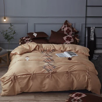 

Plaid embroidery Bedding Set Super Soft Cotton Duvet Cover Flat Sheet Pillowcase Comforter Bed Set Queen King Size