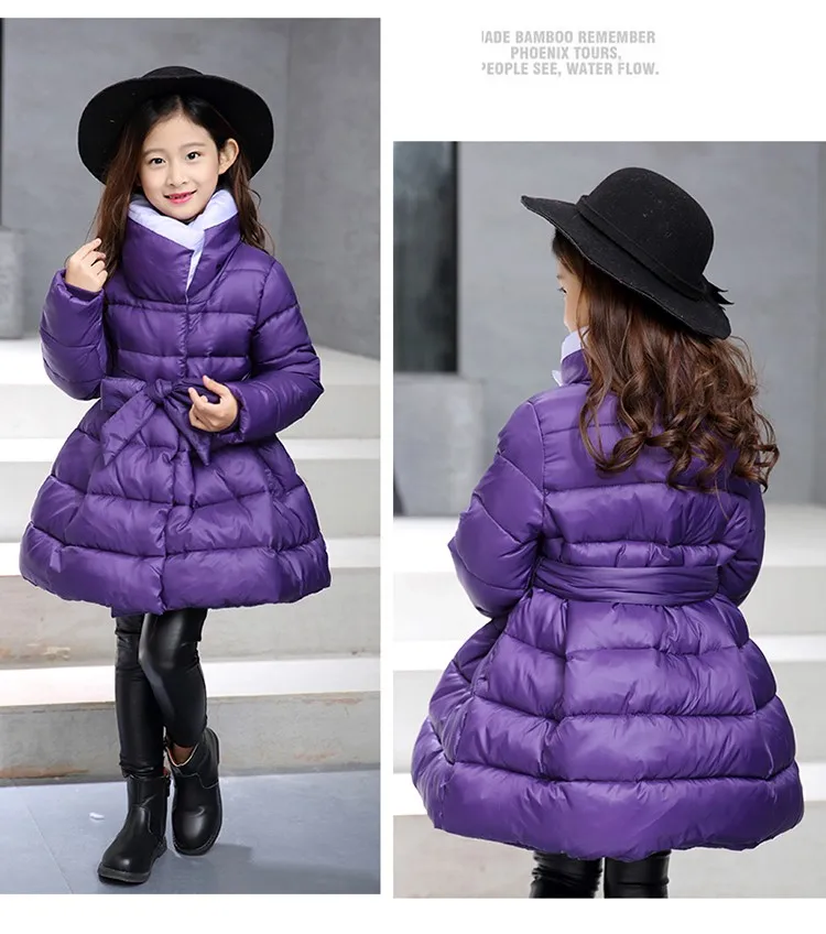 Зимняя куртка для девочек, пояс-бабочка, пальто русские детские толстые теплые куртки принцессы Детская верхняя одежда для девочек, длинная парка, пальто, одежда
