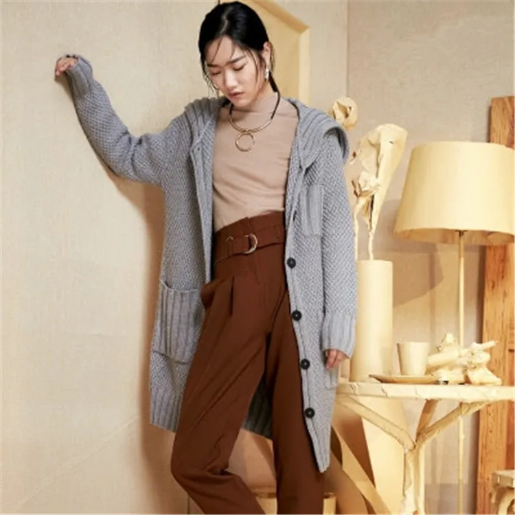  100%hand made pure wool crew neck thick knit women solid single breasted H-straight long cardigan s