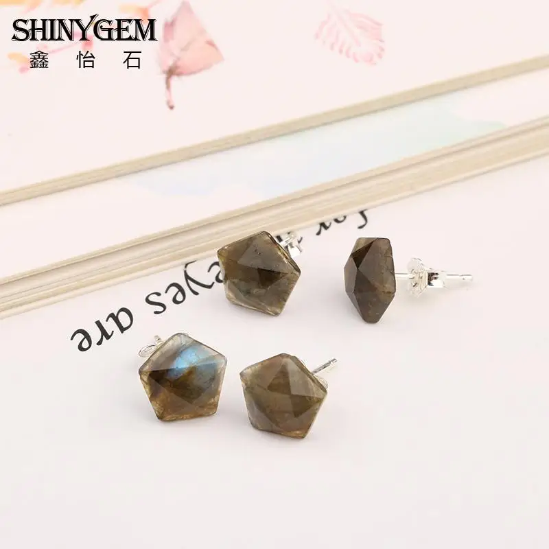 ShinyGem граненый Лабрадорит звезды серьги 925 серебро серьги натуральный зеленый Лабрадорит камень серьги для Для женщин