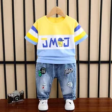 Комплект детской одежды для мальчиков, футболка в стиле пэчворк, джинсовые джинсы, лето, Детский Школьный костюм для мальчиков 3, 4, 5, 6, 7, 8 лет