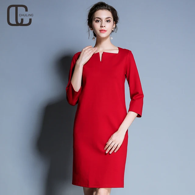 Autumn Winter Women S Simple Dresses Red Casual Three Quarter Autumn Winter Women S Simple Dresses Red Casual Three Quarter Sleeves For Las Elegant Dress Woman