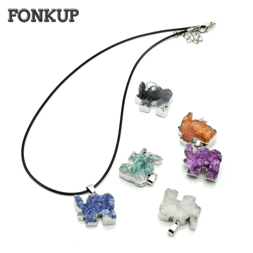 

Forkup Elephant Pendant Black Crystal Charm Geode Clusters Multi-Style Fashion Women Jewelry Personalized Men Choker Sapphire