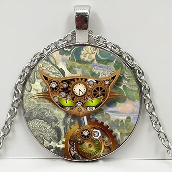 

HOT Steampunk clock pendant Clock Jewelry Steampunk Cat Necklace for Kids Chain necklace