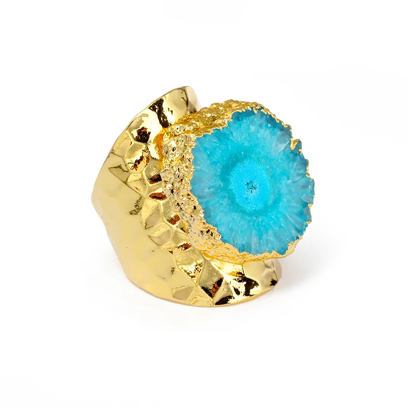 

luxury design jewelry natural blue druzy crystal semi precious stone pure gold color metal base adjustable open ring unisex