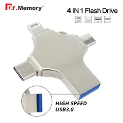 4 в 1 OTG USB флеш-накопитель Флешка для iPhone/type C/Micro Usb палка 3,0 16 ГБ 32 ГБ 64 ГБ 128 ГБ Флешка флеш-накопитель карта памяти