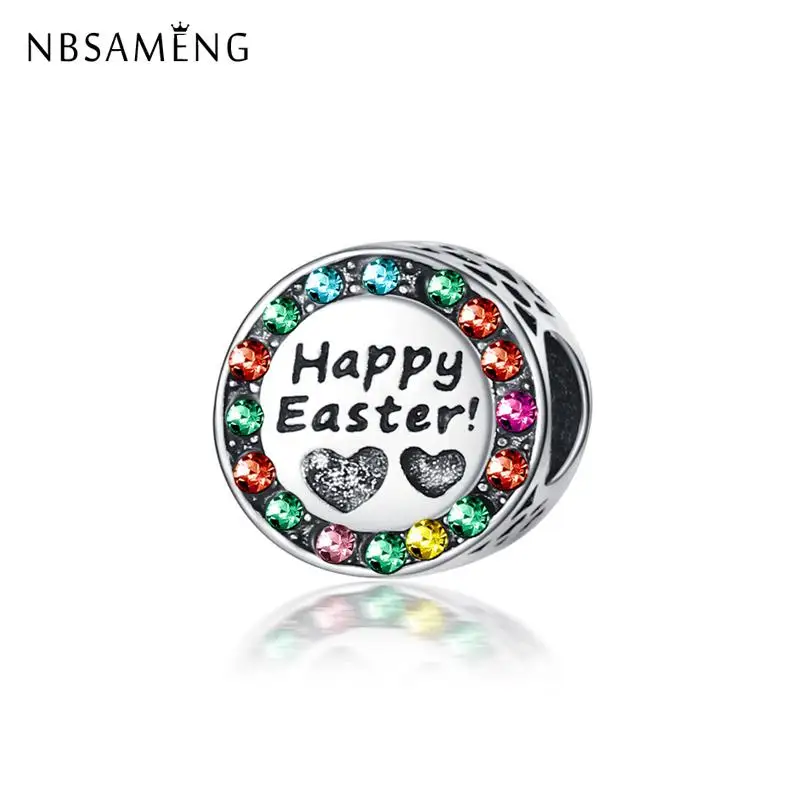 

Fashion Silver Plated Round Bead Charm Happy Easter Crystal Charms Fit Pandora Original Bracelets Women Diy Jewelry Making